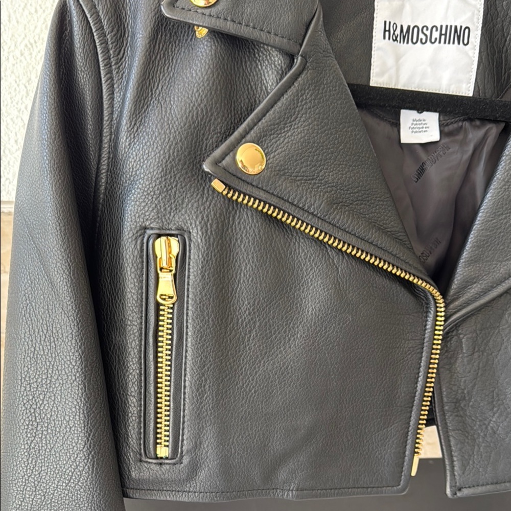 HM Moschino Black Leather Jacket with Gold Accents - Picture 2 of 14